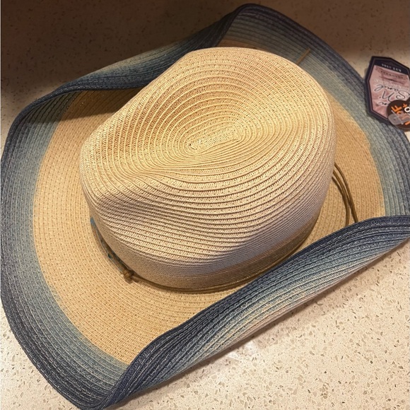 Straw Natural Ombré Blue Beach Beaded Sun Cowboy Hat - Picture 4 of 6